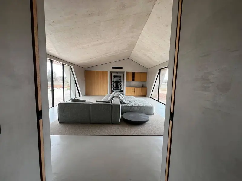 Salón con paredes y techo de microcemento gris y suelo continuo